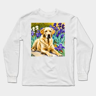 Labrador Retriever Amongst Blue Irises Long Sleeve T-Shirt